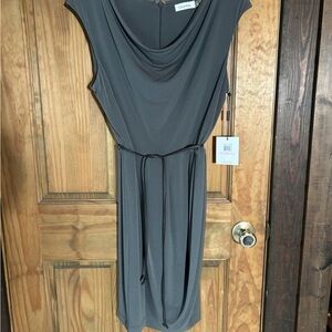 Calvin Klein Drab Olive Green Midi Dress Cap Sleeve Skinny Leather Belt